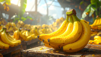 Abundant Bunch of Ripe Yellow Bananas Illuminated by Warm Sunlight in a Vibrant Produce Market with Blurred Stalls of Fruit in the Background