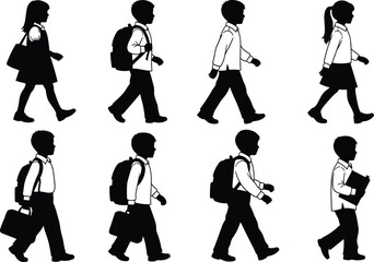 Obraz premium Black Silhouette Vector Set of School Children Walking with Backpacks and Bags Featuring Boys and Girls Students for Education Back to School Design Elements