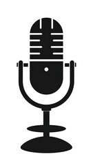 A silhouette of a vintage microphone. It's black, with a rounded top and a stand. Details include lines and small circle
