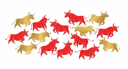 Red and Gold Chinese Zodiac Ox Silhouettes Set, Running Bull Group for Lunar New Year Decoration and Prosperity Symbols