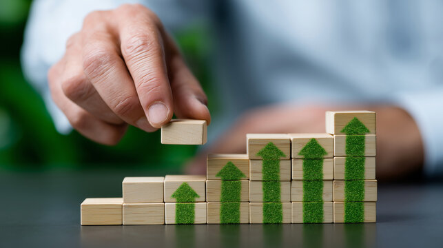 Close-up of hands arranging wooden cubes in workflow sequence, green background, business process automation visualization, cubes representing management steps and operational hier