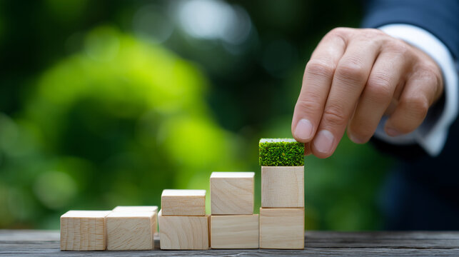 Close-up of hands arranging wooden cubes in workflow sequence, green background, business process automation visualization, cubes representing management steps and operational hier