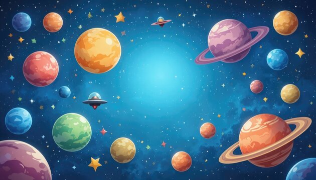Colorful cartoon planets and spaceships in starry night sky