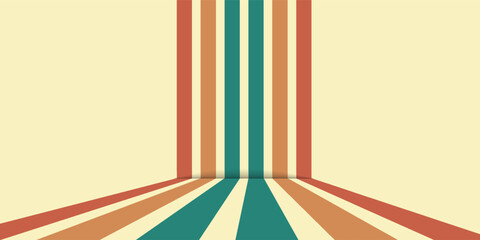 70s retro perspective lines rainbow background. Vintage grunge colourful stripes banner, backdrop and wallpaper vector. © Alfin
