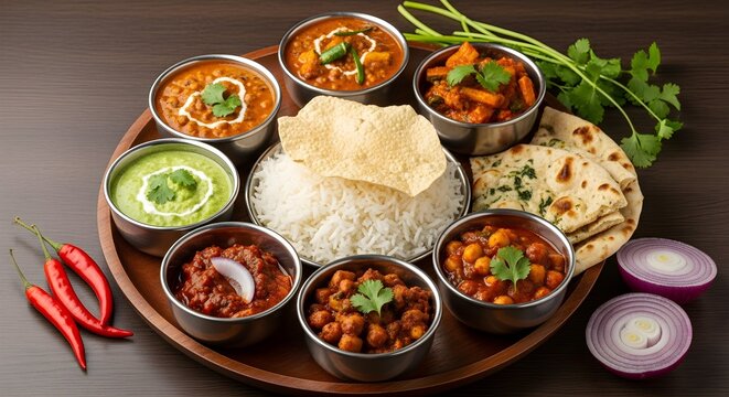 A delightful assortment of indian curries and accompaniments served on a wooden platter