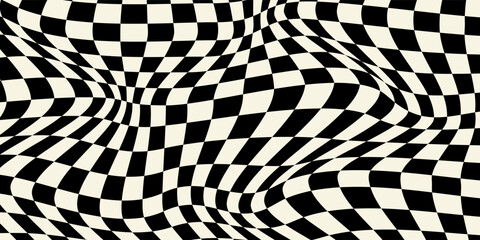 Trippy checkerboard background. Retro psychedelic checkered wallpaper. Wavy groovy chessboard surface. Distorted geometric grid chess pattern. Abstract old deformed flag backdrop