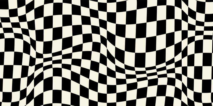 Trippy checkerboard background. Retro psychedelic checkered wallpaper. Wavy groovy chessboard surface. Distorted geometric grid chess pattern. Abstract old deformed flag backdrop