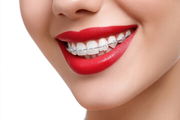 Naklejka premium Woman with metal dental braces, healthy teeth and red lips, orthodontic treatment concept on white background.