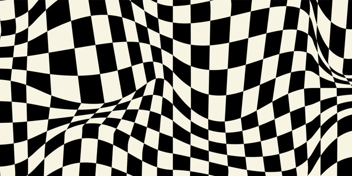 Trippy checkerboard background. Retro psychedelic checkered wallpaper. Wavy groovy chessboard surface. Distorted geometric grid chess pattern. Abstract old deformed flag backdrop