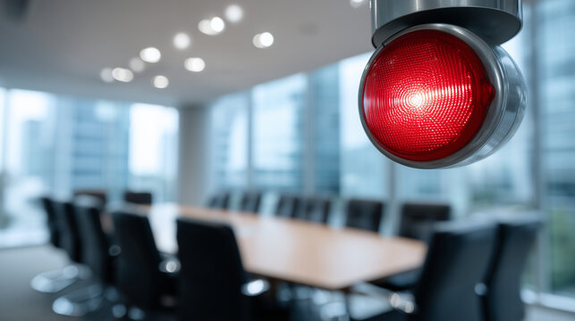 Flashing safety alarm in modern corporate meeting room, red light highlighting chairs and conference table, emergency preparedness and office safety training concept, clean interio