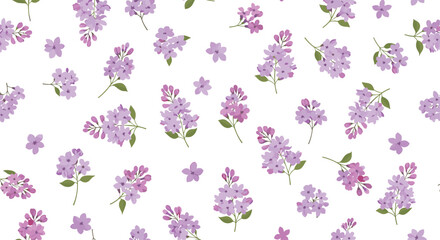 Seamless pattern of delicate purple lilac flowers and green leaves scattered on a white background for romantic floral textiles.