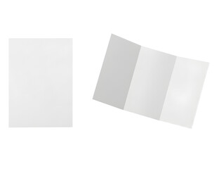 Blank white trifold brochure mockup, folded and unfolded isolated on white or transparent background