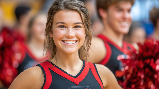 Side angle of faceless cheerleaders smiling and supporting team, red and black coordinated uniforms, basketball players blurred in background, gymnasium environment emphasizing che