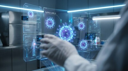 Fototapeta premium Futuristic medical research on virus spread laboratory digital visualization high-tech environment close-up view disease analysis