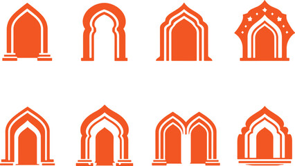Collection of Islamic architectural elements featuring intricate arches and designs suitable for decorative purposes