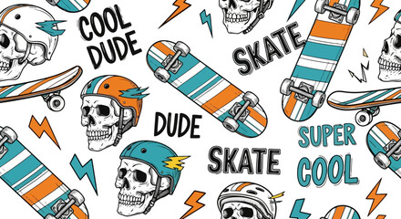 Fototapeta premium Skateboarding culture skulls and skateboards pattern.