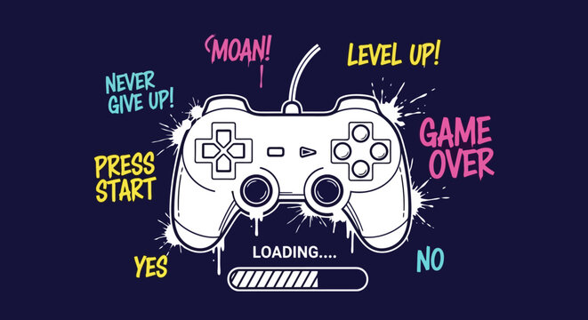 White game controller with neon text and paint splatters.