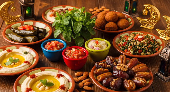 Traditional Middle Eastern feast with various dishes and herbs.