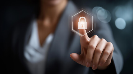 Cyber security firewall interface protection concept, personal data security and banking, protecting herself from cyber attacks, digital defense systems, network safety technology,