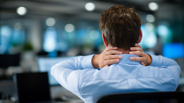 Close-up of hands pressing back of faceless employee, showing office syndrome symptoms, long-term sitting discomfort, workplace health visualization, defocused corporate office beh