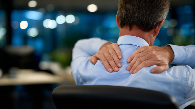 Close-up of hands pressing back of faceless employee, showing office syndrome symptoms, long-term sitting discomfort, workplace health visualization, defocused corporate office beh