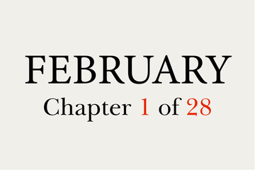 February chapter 1 of 28 with a cream background. Calendar template for planning, scheduling, and important dates. Suitable for office, school, marketing, and time management projects.