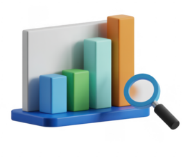 Colorful bar chart with magnifying glass isolated on a transparent background
