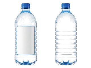 Naklejka premium Clear plastic water bottles with blue caps on white background