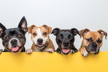 Fototapeta premium Four playful dogs of various breeds are peeking over a bright yellow surface, showcasing their joyful expressions and unique personalities in a vibrant setting
