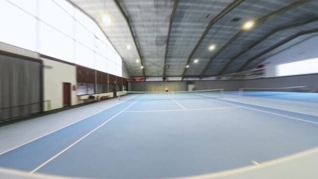 Player Point Of View On Indoor Tennis Court Showing Racket And Net, Serve Toss And Followthrough Captured In First Person Perspective, Empty Club Arena With Crisp Blue Surface And Focused Training