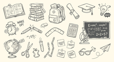 Back to school icons set with hand drawn education supplies and science symbols in a doodle sketch style. A vector illustration collection for classroom posters, websites and study materials. © MH HASIB