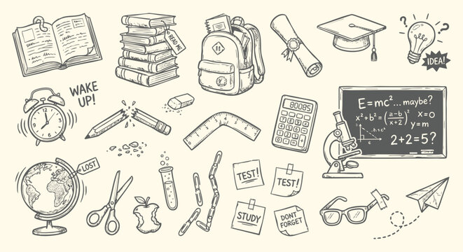Back to school icons set with hand drawn education supplies and science symbols in a doodle sketch style. A vector illustration collection for classroom posters, websites and study materials.