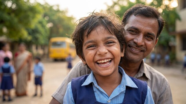Proud dad hugging his child in school uniform, genuine happiness and bonding moment.