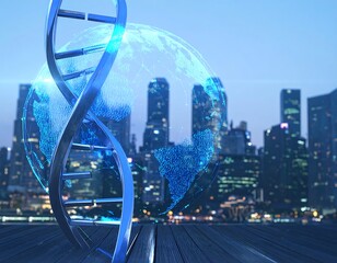 A silver DNA helix is overlaid on a digital blue globe with a city skyline backdrop at twilight, suggestive of scientific advancement