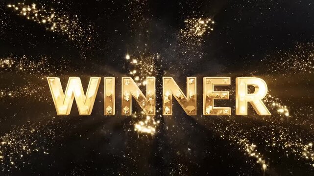 Golden winner text with fireworks explosion in night sky