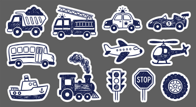 Transportation doodle stickers with hand drawn car, truck, train and plane icons in a kids sketch style. A vector illustration set for children's books, nursery decor and party invitations.