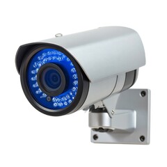 A silver security camera, mounted on a white background, angled. The lens is surrounded by blue lights. The camera has a sunshade