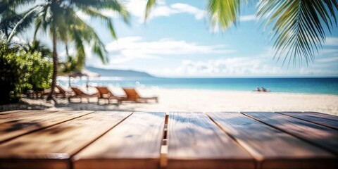 Ideal product display space on a wooden table by a summer beach.