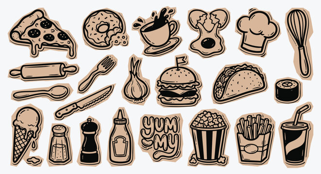 Food doodle sticker cut out set with hand drawn pizza, burger and fast food icons in a sketch style. A vector collection for restaurant menus, food blogs, and culinary branding illustrations.
