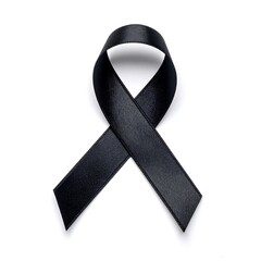 A simple black ribbon, a universal symbol, lies against a stark white backdrop, creating high contrast with its glossy texture
