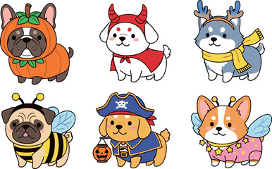 Obraz premium Cute dog costume vector set with puppies dressed as pumpkin, pirate, bee, reindeer, and devil for Halloween and festive designs