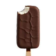 Obraz premium Chocolate coated vanilla ice cream bar on stick with a bite taken out of it isolated on white or transparent background
