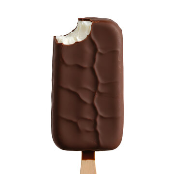 Chocolate coated vanilla ice cream bar on stick with a bite taken out of it isolated on white or transparent background