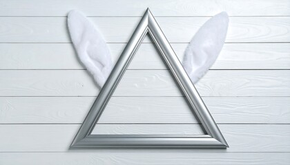 A silver triangle frame sits on white wooden planks, with white rabbit ears peeking out, creating a whimsical spring or Easter design