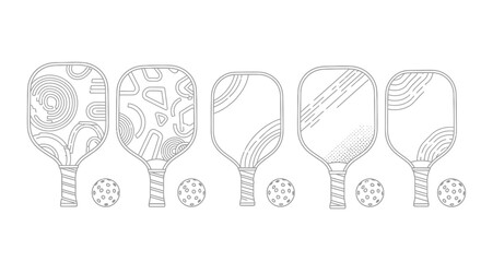 Five pickleball paddles displayed in a row each with unique patterned faces