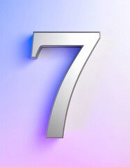 A silver-colored number "7" casts a soft shadow against a gradient background of purple, pink, and blue hues, appearing three-dimensional
