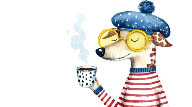Dachshund Dog in Beret and Glasses Drinking Coffee. Cute Watercolor Illustration of a French dog in berette .