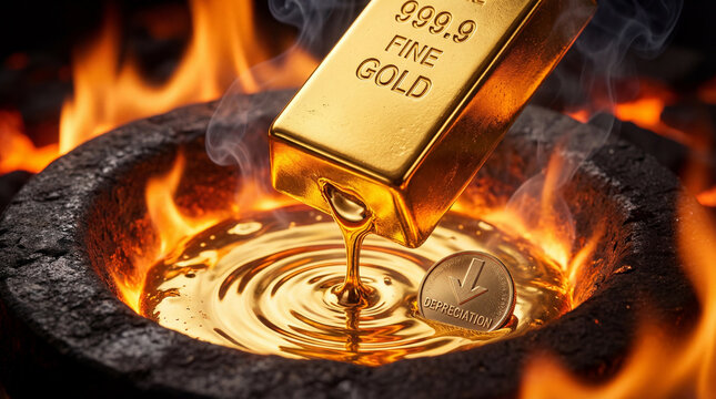 Molten gold pouring into crucible surrounded by flame, shiny bullion bar melting over liquid gold with coin nearby showing depreciation