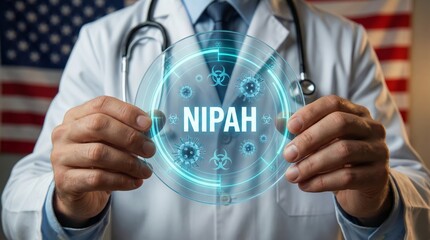 Medical professional discusses nipah virus hospital setting informational image clinical environment close-up viewpoint health awareness