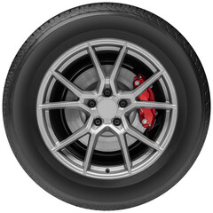 Obraz premium Gray car wheel with red caliper brake disc on tire